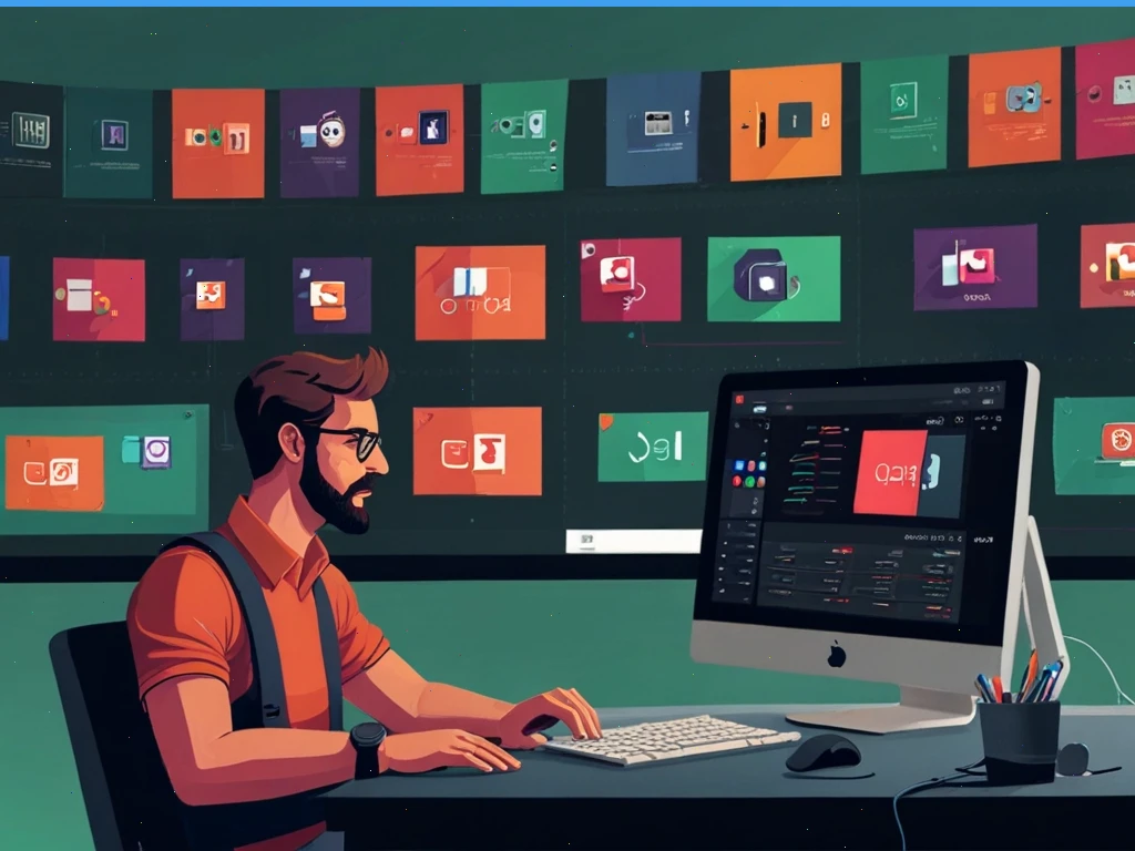 Ilustrácia študenta upravujúceho videoklip v strihovom programe, farebné rozhranie a časová