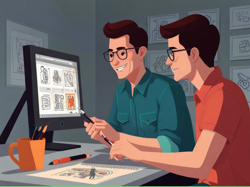 Ilustrácia animátora vytvárajúceho 2D animáciu na digitálnom tablete, s časovou osou a pohybujúcou sa postavou